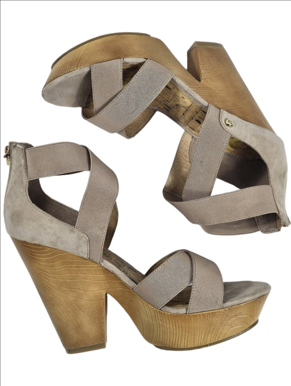 G By Guess Sirrah Beige Taupe Faux Suede Cross Strap Woodgrain Platform Sandal - Picture 3 of 16